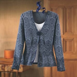 Women's Blue Paisley Patterned Cardigan Sweater Cotton Ramie Navy Denim Blue